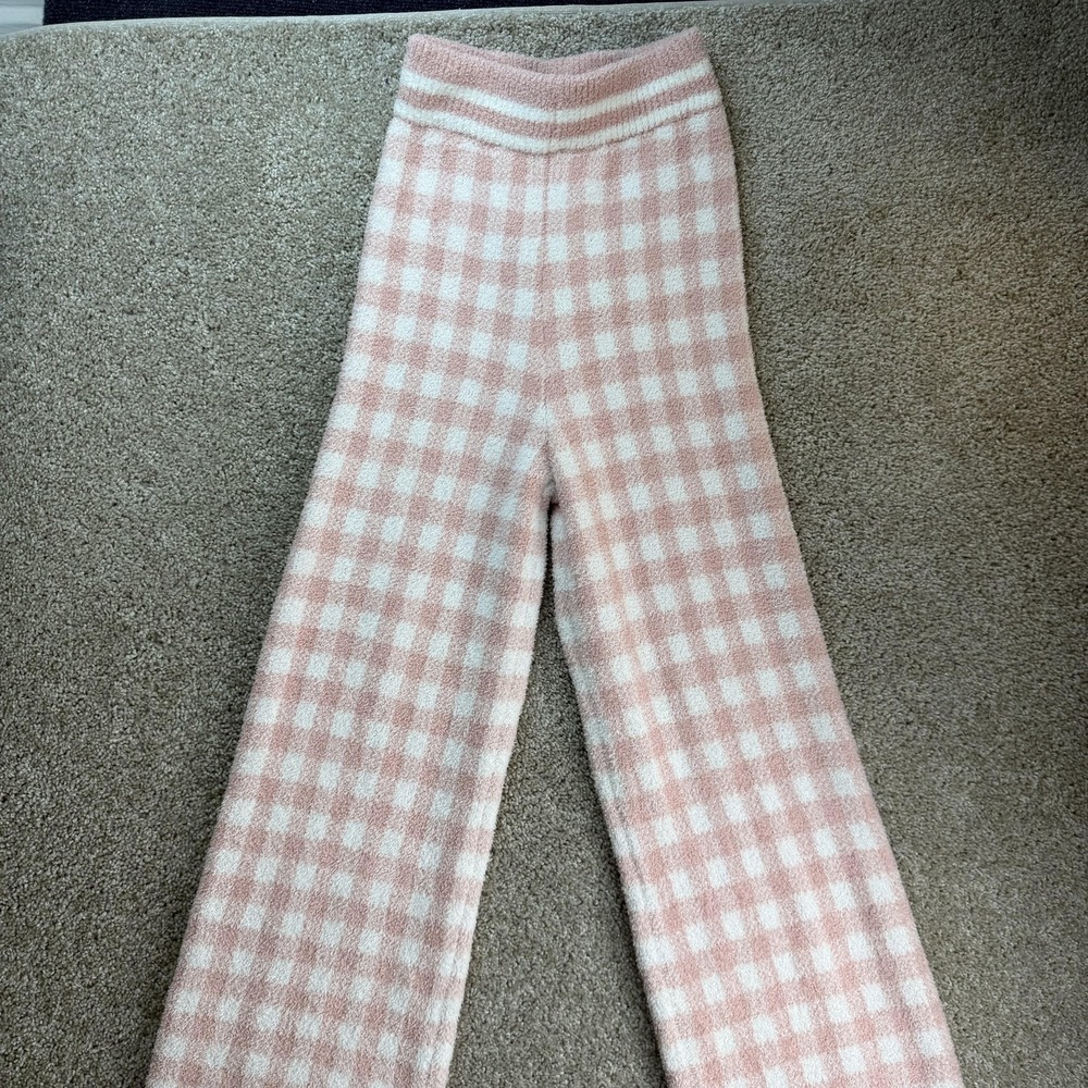 Happily Grey Sweatpants Womens XS Pink Check Knit Wide Leg Cozy Lounge Pants